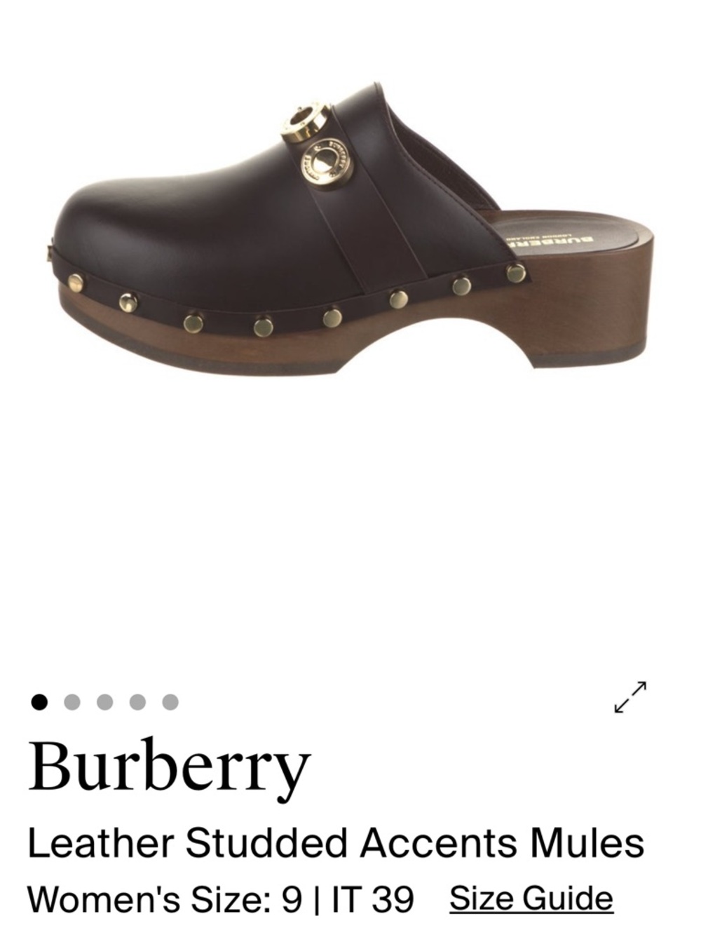 Burberry Dark Brown Leather Studded Clog Mules with Gold Hardware